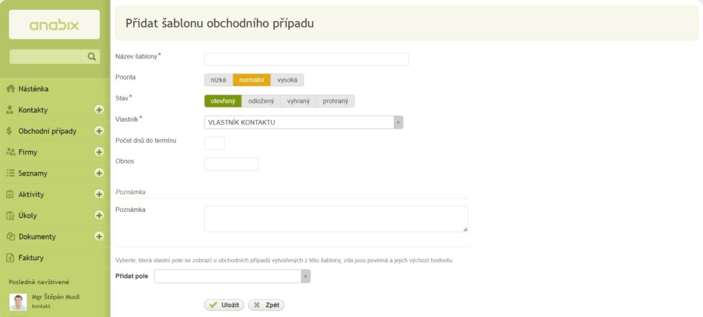 Vytvoření šablony obchodního případu