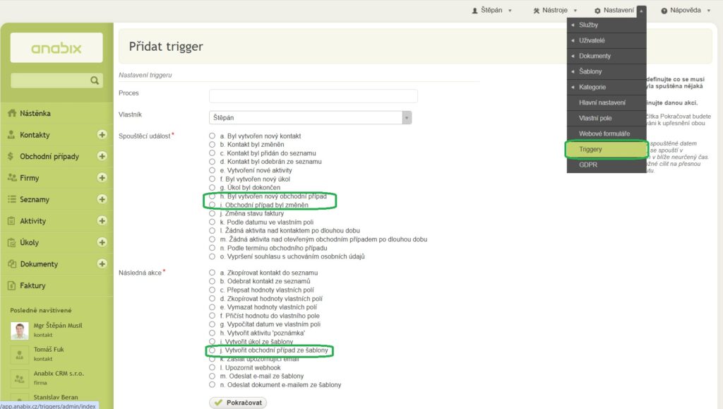 Triggery s&nbsp;využitím šablony obchodního případu