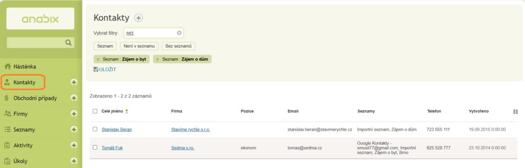 Přehled kontakty v Anabix CRM