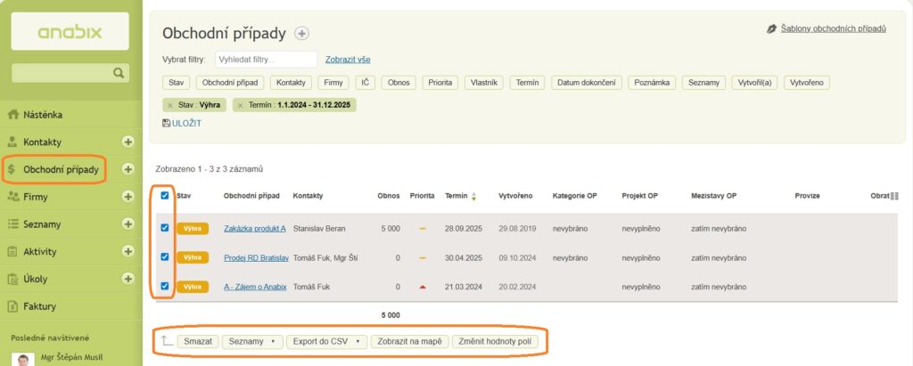 Přehled Obchodní případy v Anabix CRM