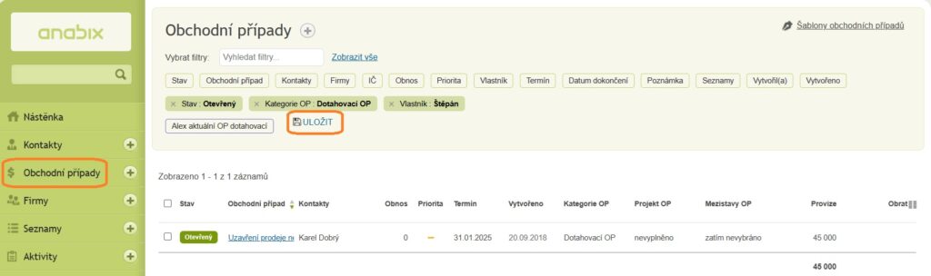 Přehled Obchodní případy v Anabix CRM