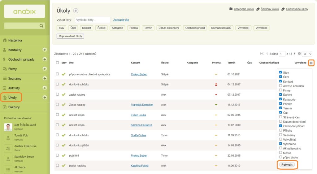 Přehled úkoly v Anabix CRM