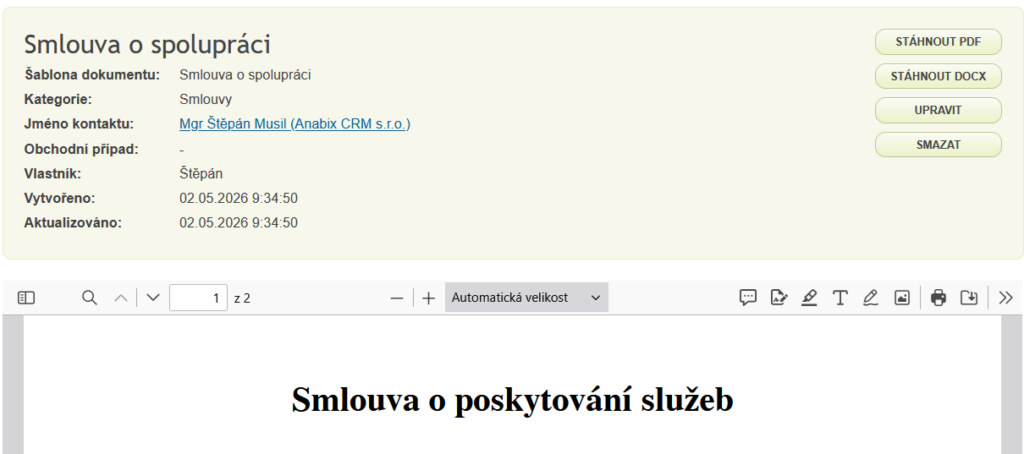 Náhled dokumentu v&nbsp;Anabix CRM