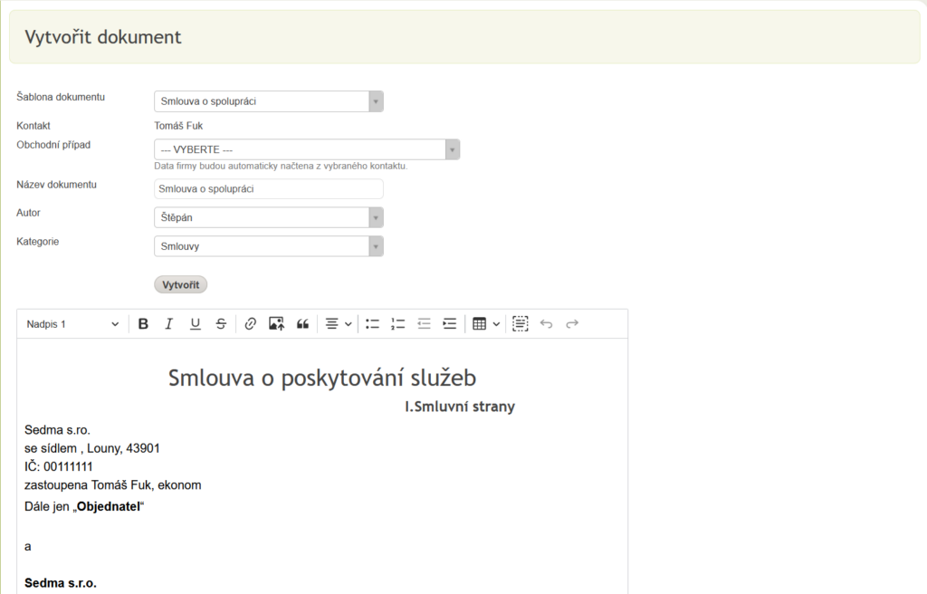 Vytvoření nového dokumentu v&nbsp;Anabix CRM