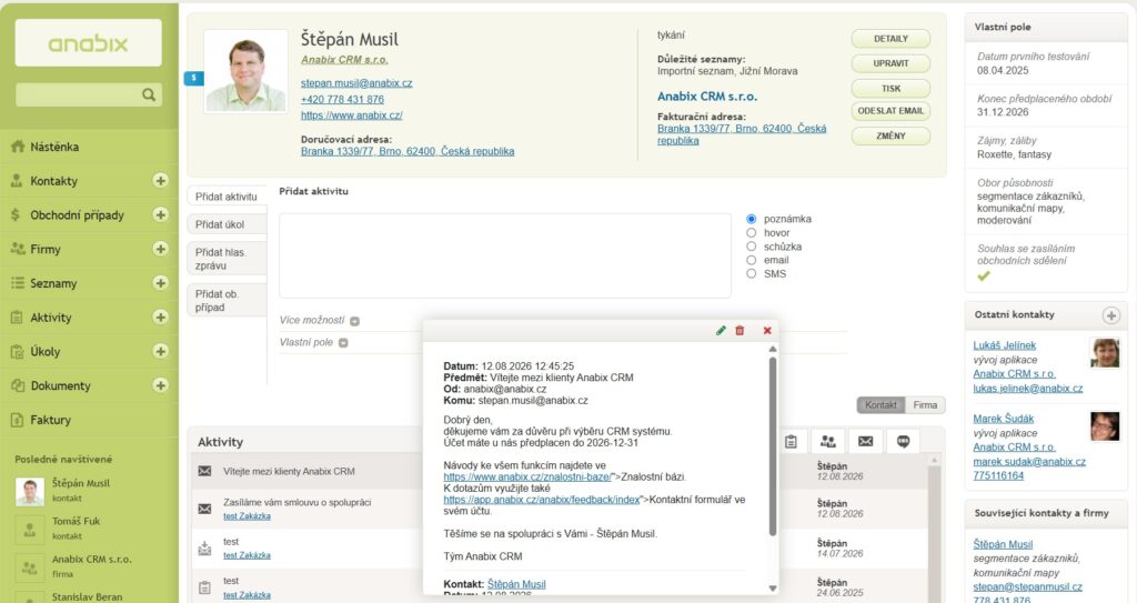 Karta kontaku s aktivitou odeslaneho e-mailu v Anabix CRM