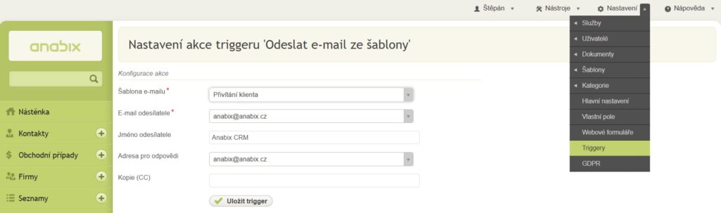 Nasledna akce triggeru odeslat e-mail ze sablony v Anabix CRM