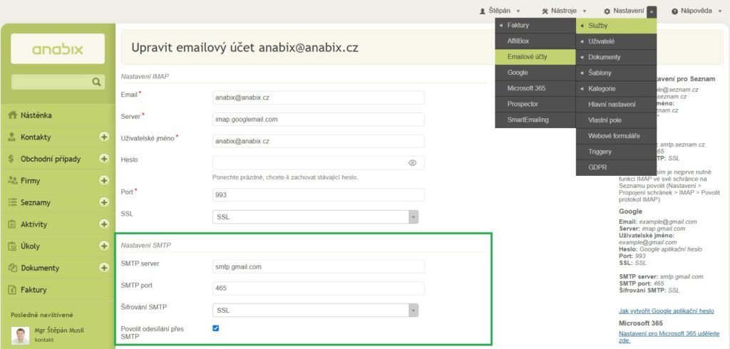 Nastaveni SMTP v Anabix CRM
