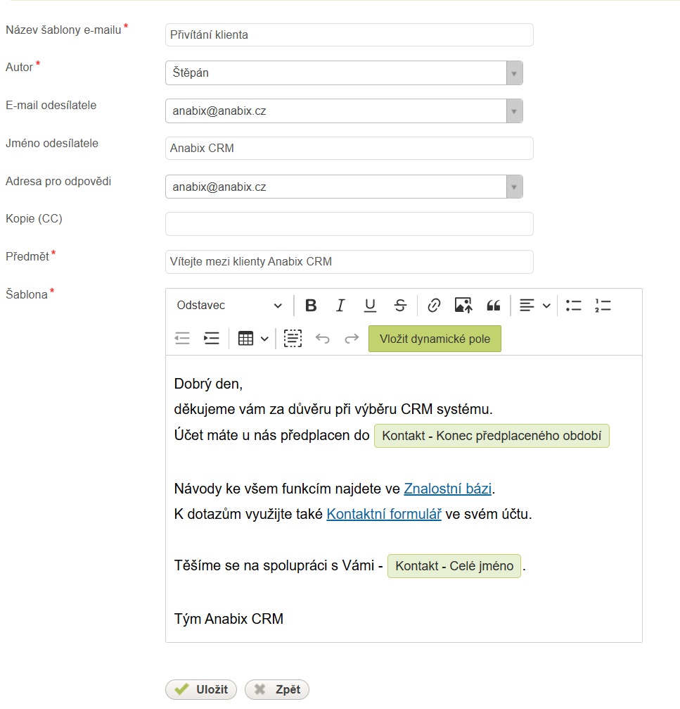 Nastaveni nove sablony e-mailu v Anabix CRM