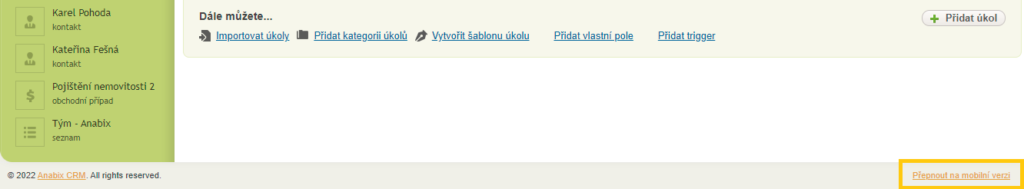 Přepnutí na mobilní verzi v Anabix CRM