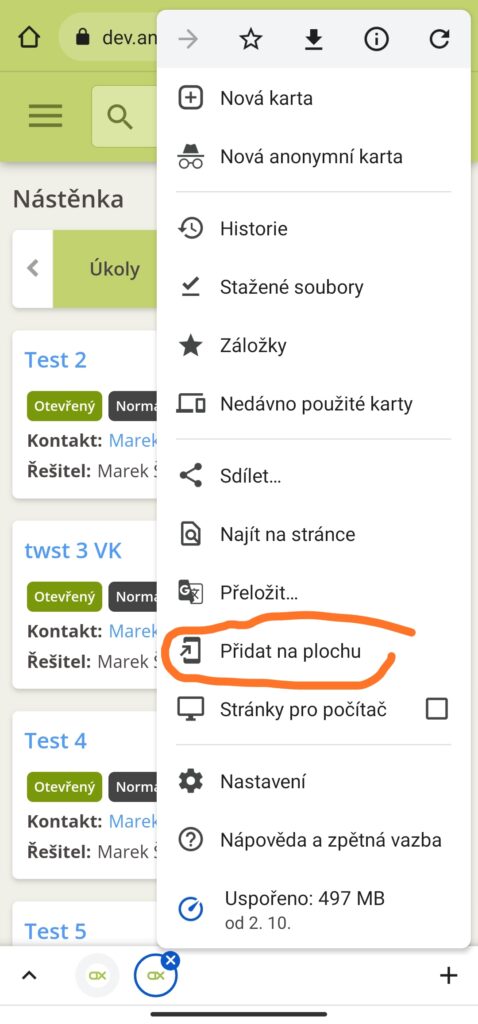 Přidání ikonky Anabix CRM na plochu mobilu